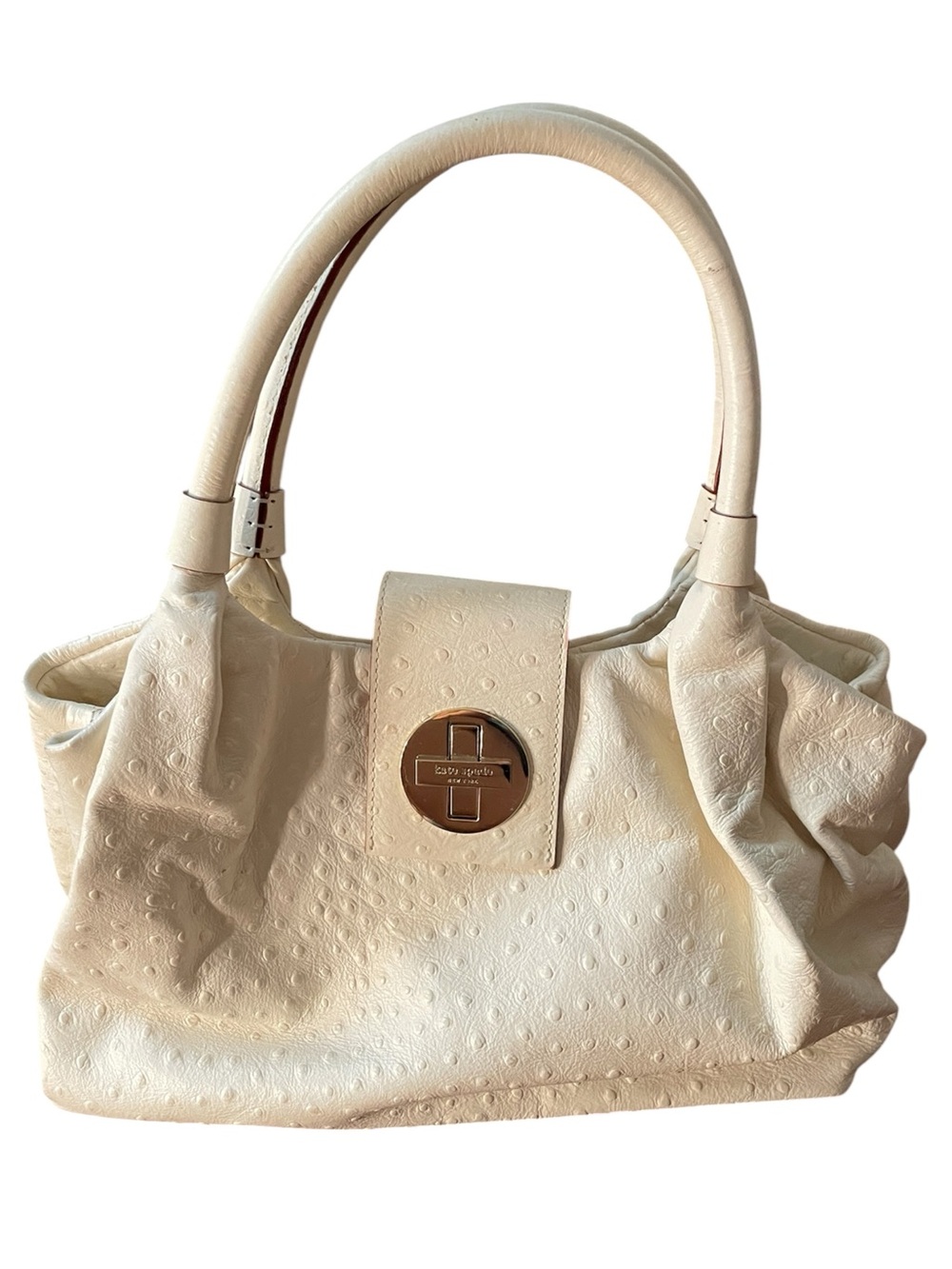 Cream Kate Spade Textured Leather Tote Handbag with Turn-Lock Detail